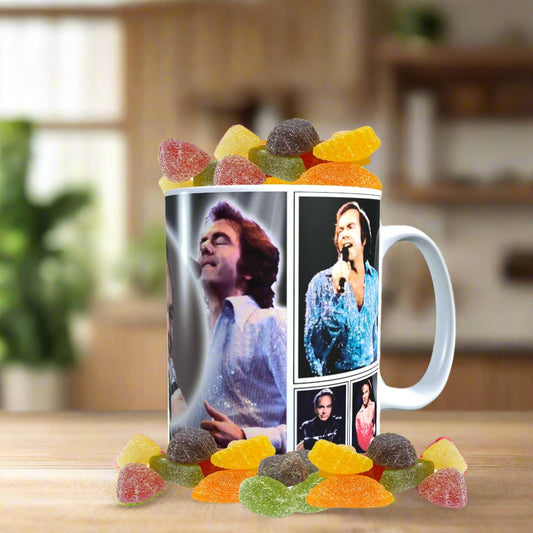 Mug with images of a person and gummy bears on a white background