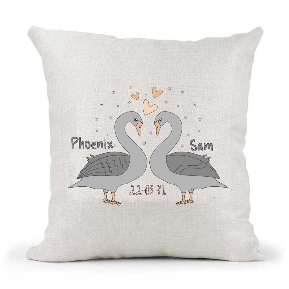 Cute Male Female Non-Binary Couple Swans Valentines Day Anniversary Personalised Country Canvas Cushion Cover