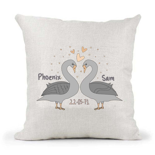 Cute Male Female Non-Binary Couple Swans Valentines Day Anniversary Personalised Country Canvas Cushion Cover