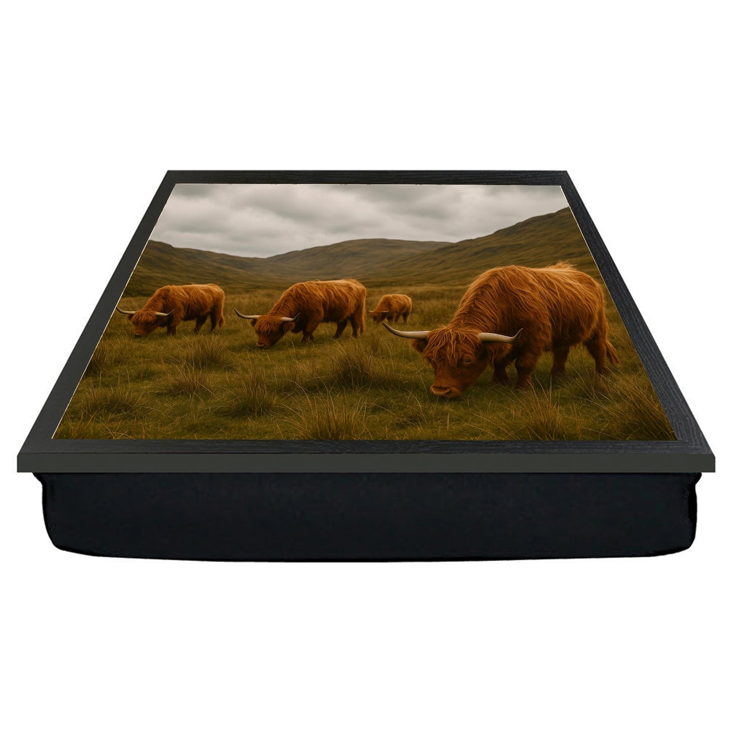 Scottish Highland Cow Lap Tray – Cushioned Laptop and Meal Tray with Bean Bag Base – Comfortable & Stylish Design Featuring Cute Highland Cattle – Ideal for Work, Dining & Crafts