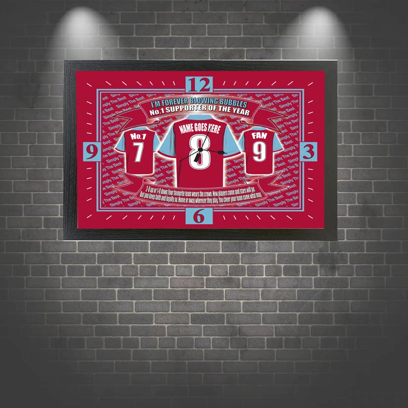 West H Utd Football Shirt Personalised Clock Gift Present - Wall Clock - Rectangular - 25cm x 34cm - Maroon, Blue, Gold, White, Red - Battery Powered - Living Room - Casual