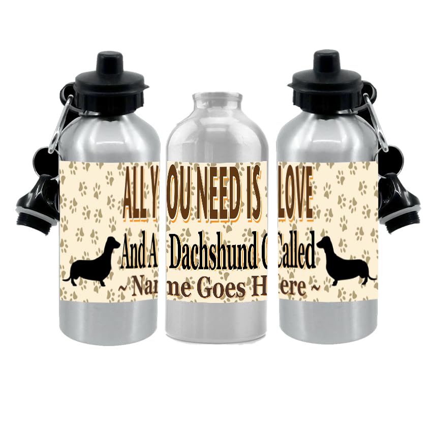 Personalised Dachshund Water Bottle - All You Need Is Love - Silver Aluminium - Two Lids - Unisex Gift