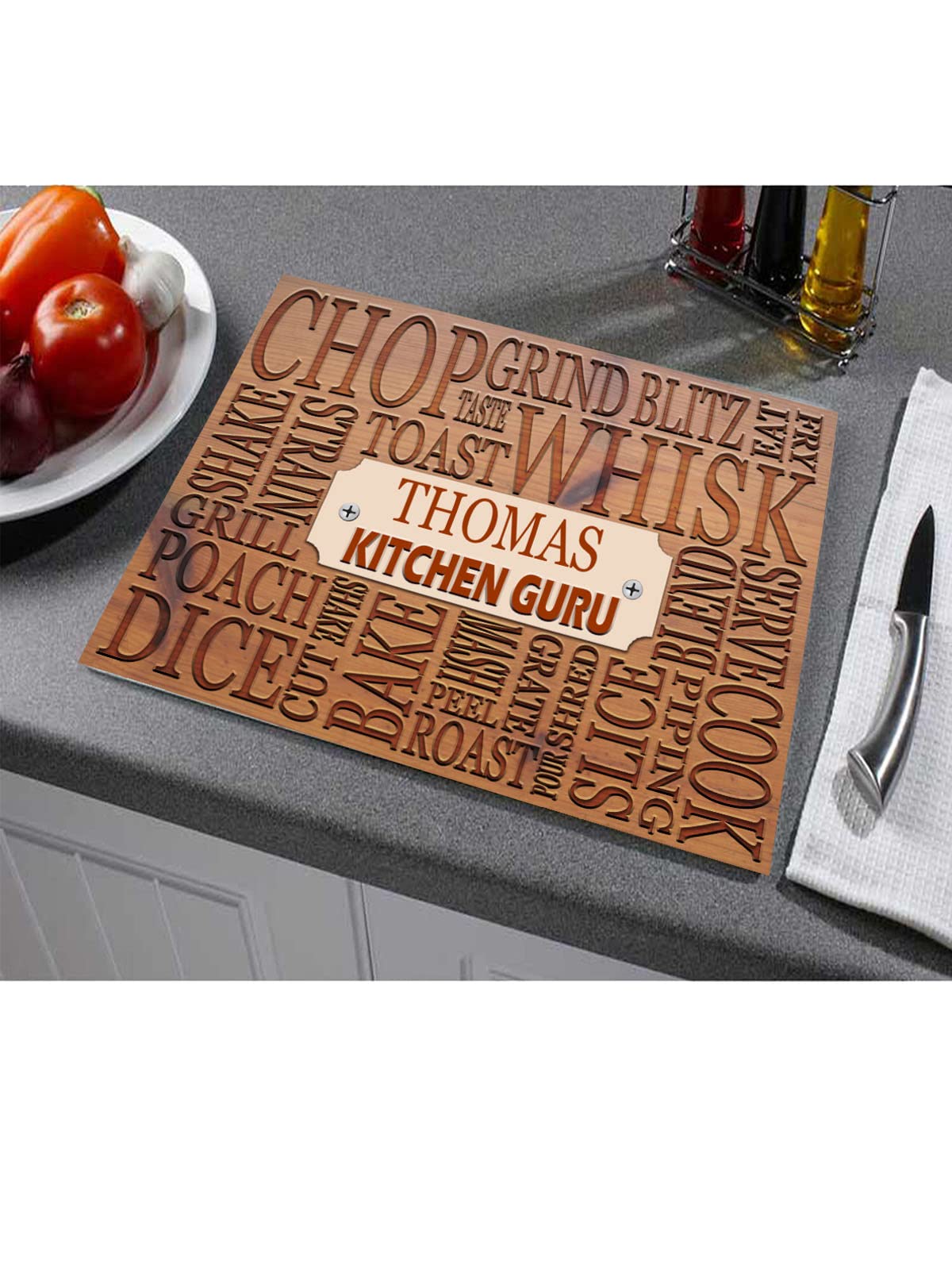 Slice Dice Toast & Roast Personalised Wood Effect Toughened Glass Heat Resistant Worktop Saver Cutting Chopping Board Gift