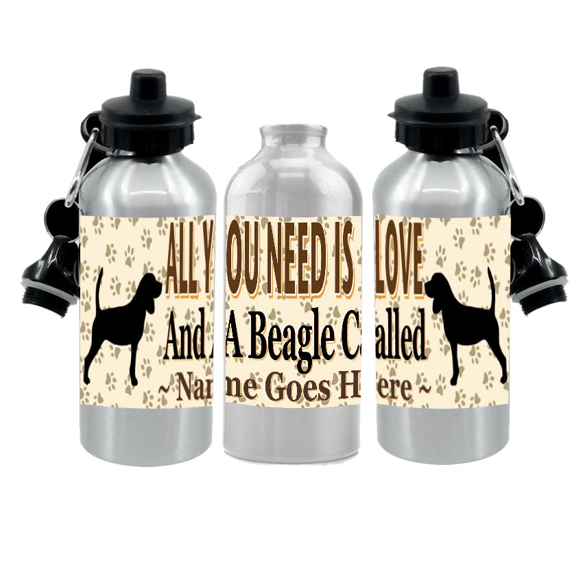 Personalised Beagle Water Bottle - All You Need Is Love - Silver Aluminium - Two Lids - Unisex Gift
