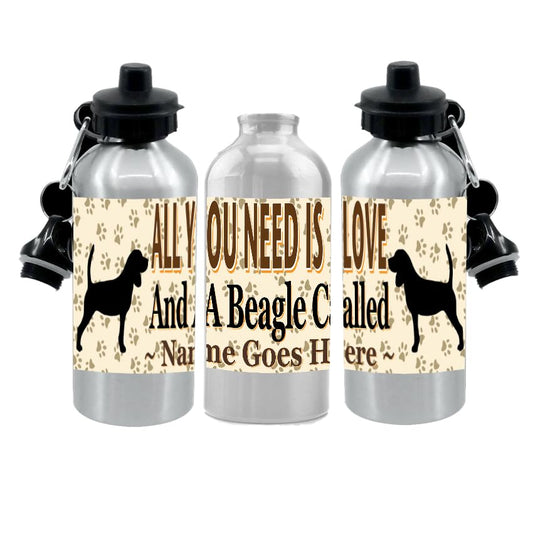 Personalised Beagle Water Bottle - All You Need Is Love - Silver Aluminium - Two Lids - Unisex Gift
