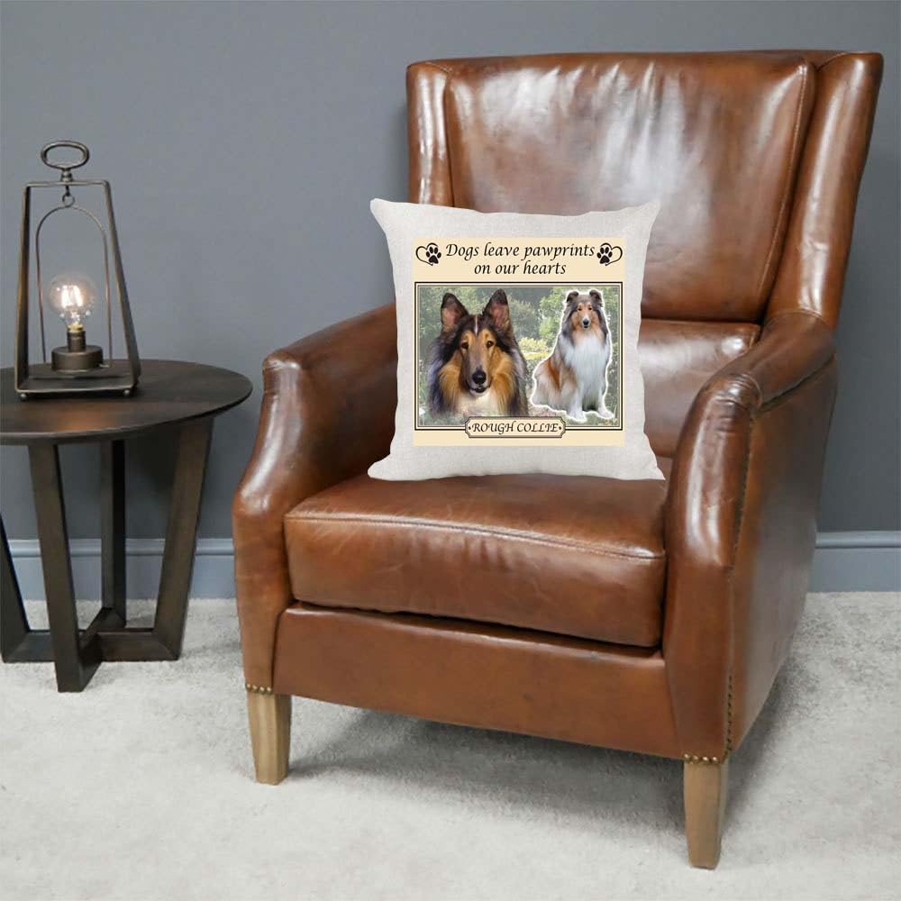 Rough Collie Dogs Leave Pawprints on our Hearts Country Canvas Style Cushion Cover Gift