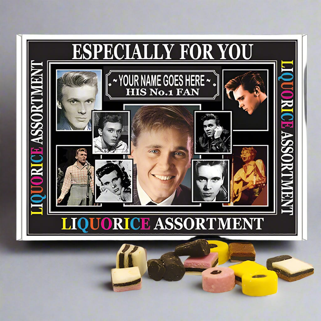 Personalized liquorice assortment with a collage of a person's photos on a black border.