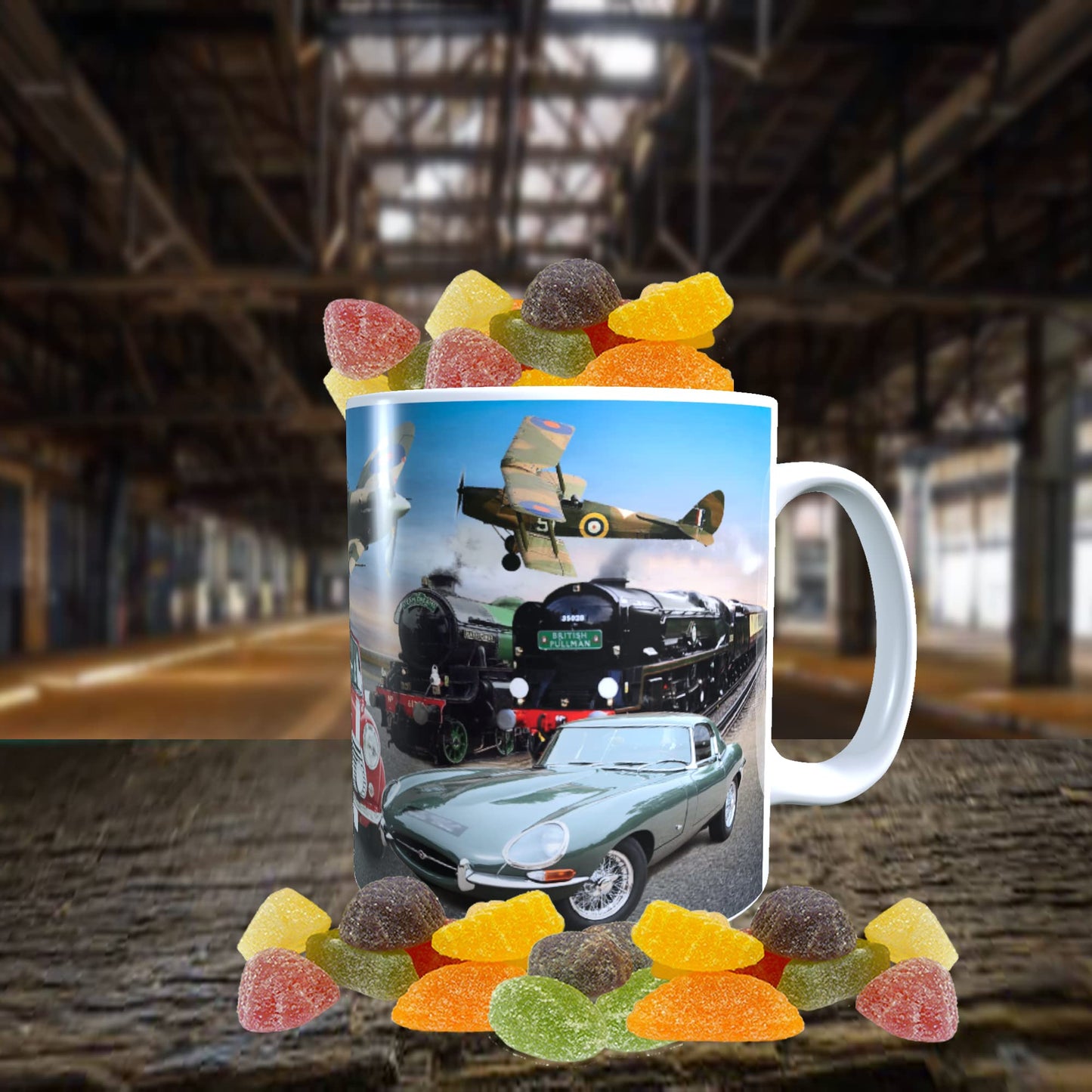 Planes Trains and Automobiles Classic Car & Transport Icons Mug with Choice of Sweets Gift