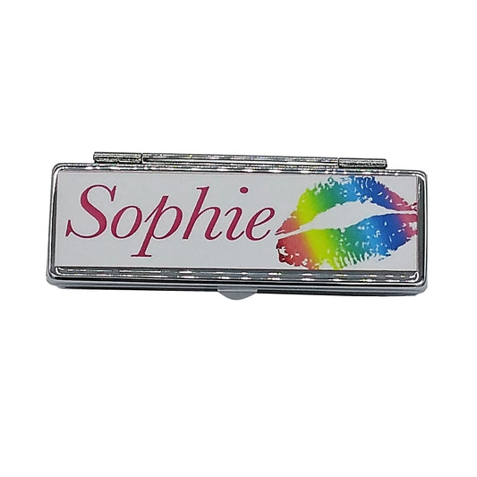 Personalised Rainbow Lips Silver Metal Lipstick Holder Case Gift