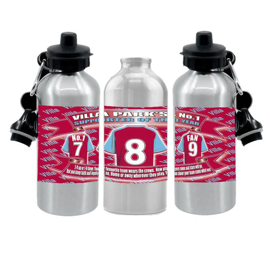 The Villa Water Bottle - Football Shirt - Silver Aluminium Two Lids - Unisex Gift