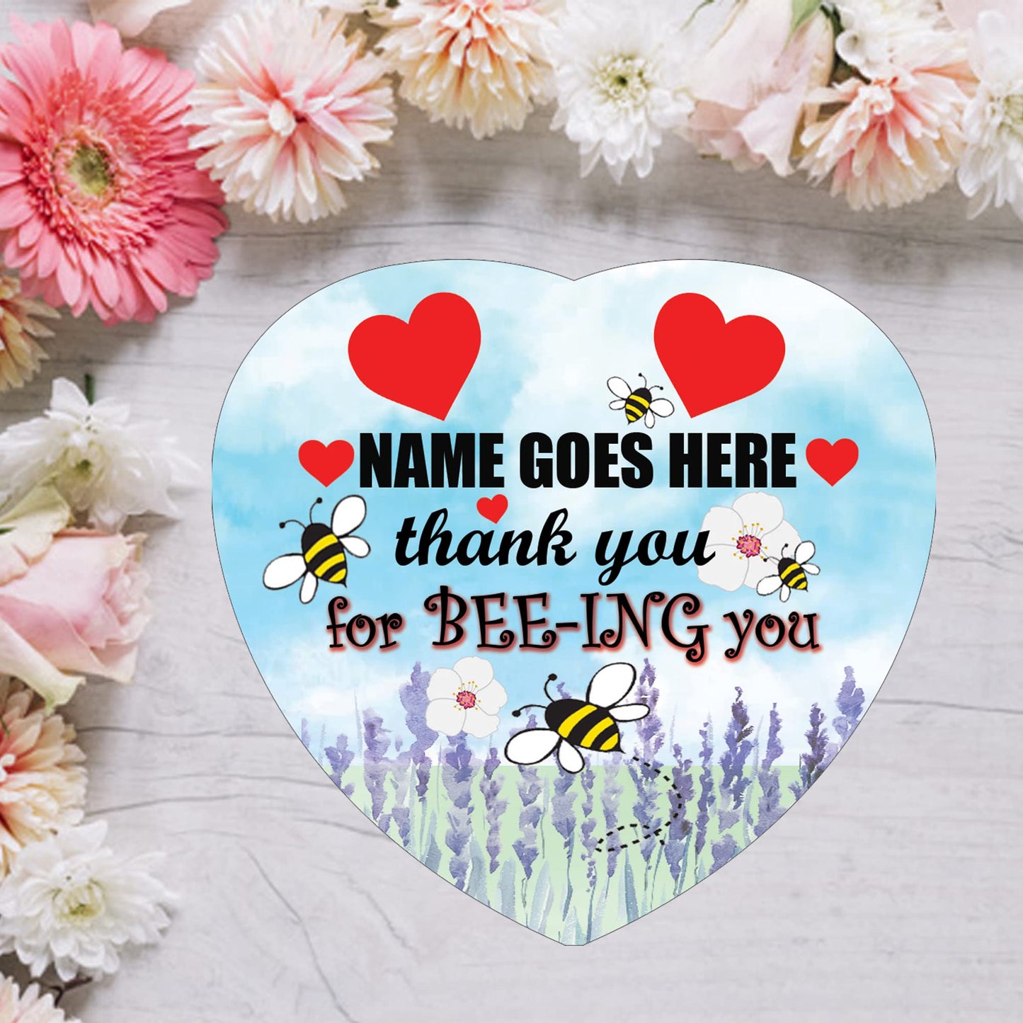 Thank You For BEE-ING You Personalised Hanging Heart Ceramic Keepsake With Blue Sky & Red Hearts Setting Gift