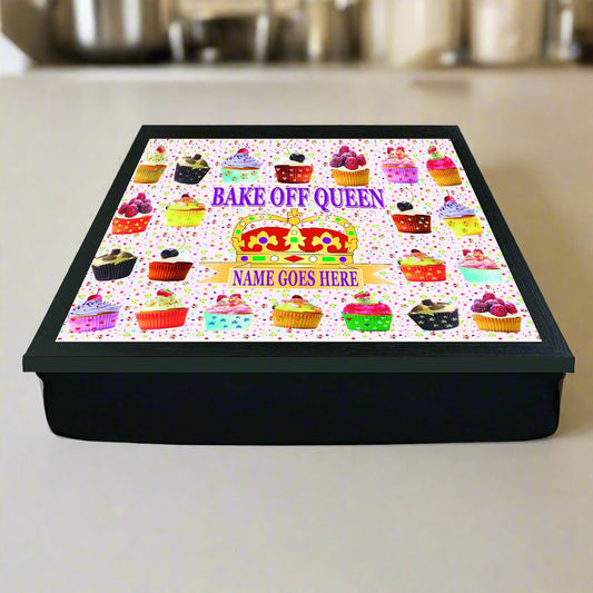 Black tray with colorful cupcake design and 'Bake Off Queen' text on a white background