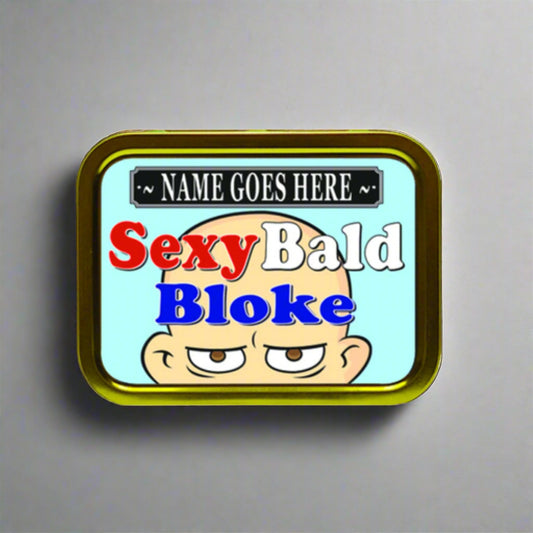 Cartoon character with 'Sexy Bald Bloke' text on a blue background