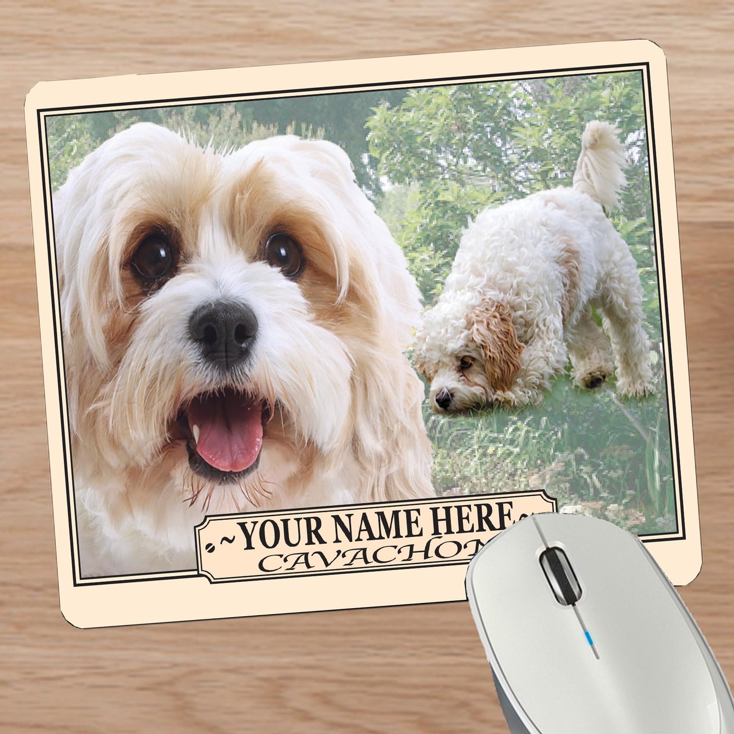 Personalized mouse pad with a Cavachon dog design on a wooden surface.