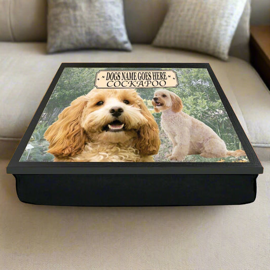 Personalized pet lap tray with two dogs on a white background