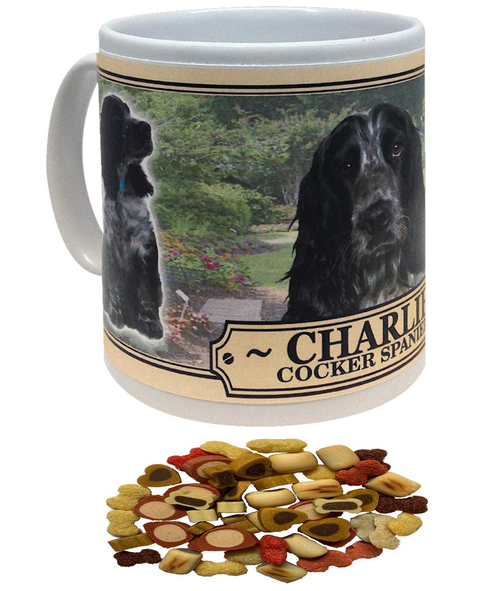 Mug with a dog design and pet food on a white background