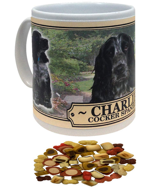 Mug with a dog design and pet food on a white background