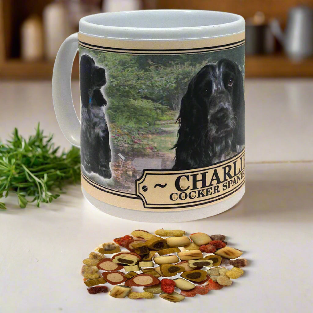 Mug with a dog design and text, accompanied by dog food on a white background