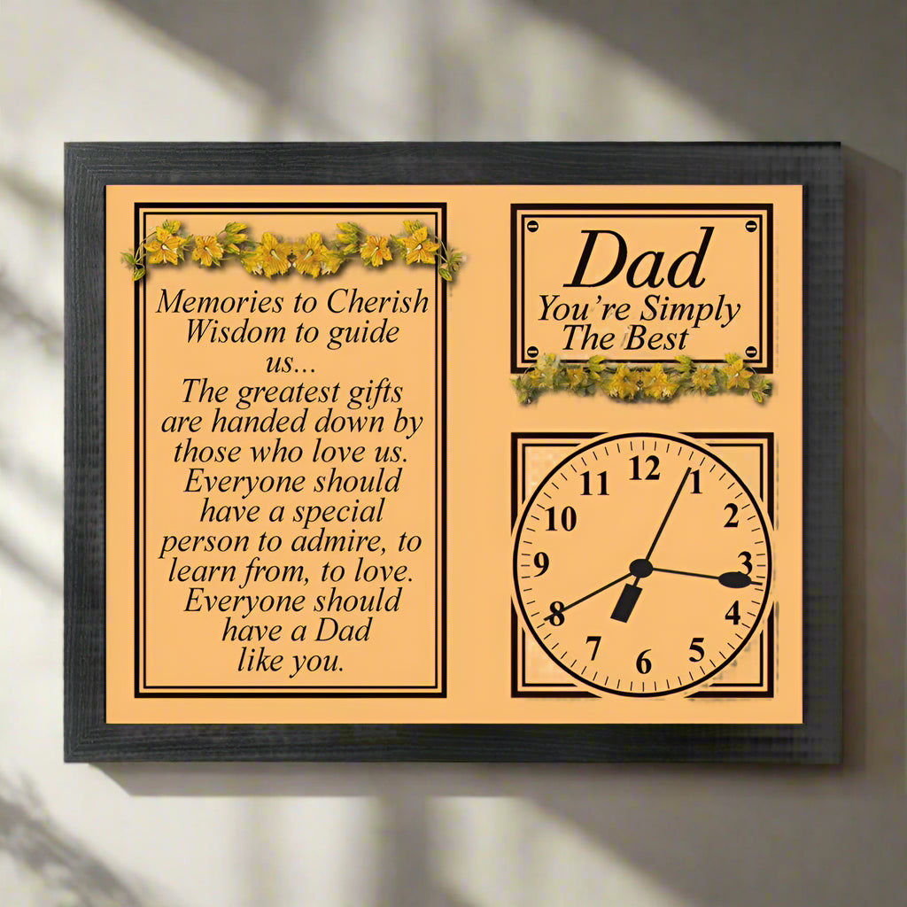 Decorative wall plaque with text and clock for Father's Day, featuring yellow flowers.