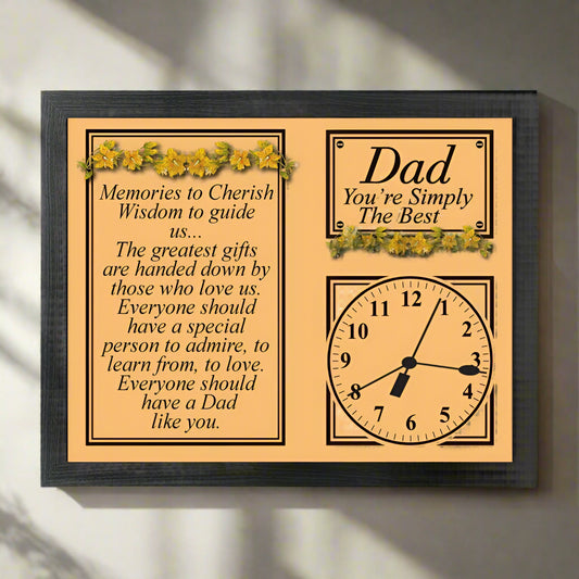 Decorative wall plaque with text and clock for Father's Day, featuring yellow flowers.