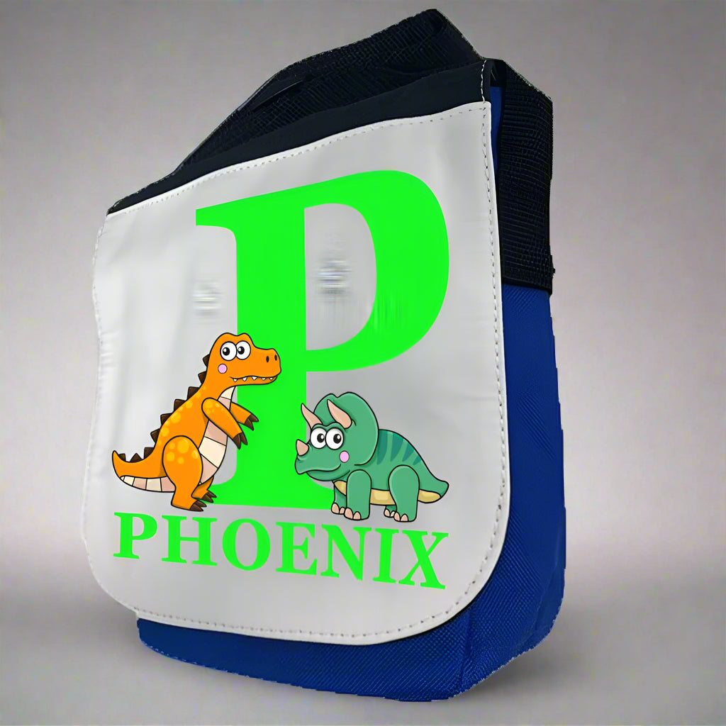 Children's bag with dinosaurs and the name 'Phoenix' on a white background