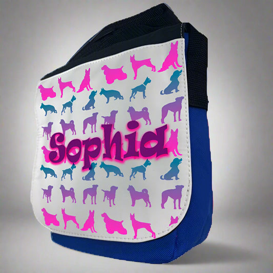 Small bag with dog pattern and 'Sophia' text on a white background