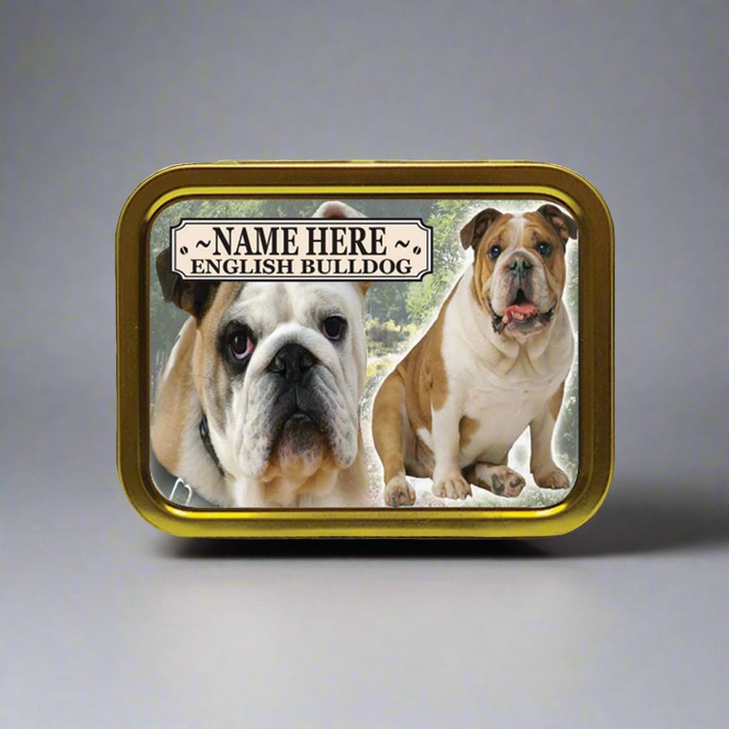 Dog treat tin with two English Bulldogs on a white background