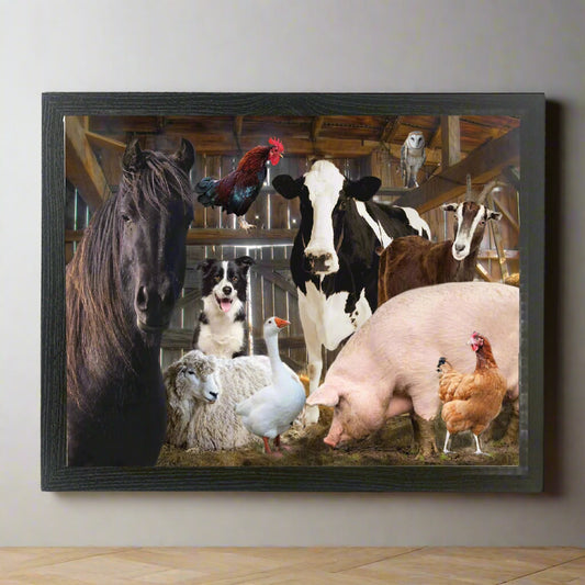 Group of farm animals in a barn setting