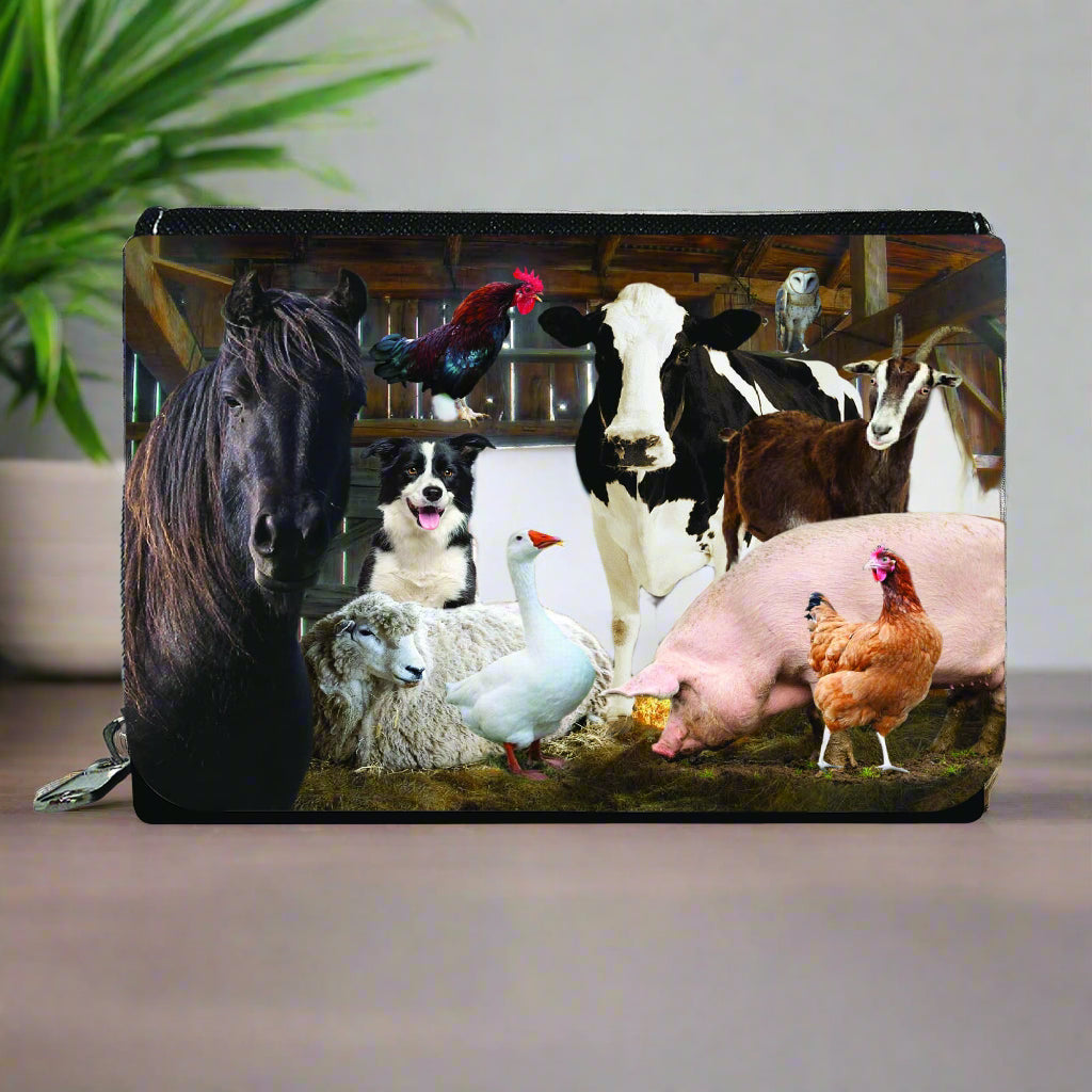 Pouch with farm animals design featuring horse, cow, sheep, and chickens.