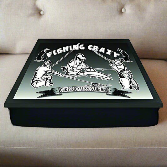 Black tray with fishing-themed design and text on a textured gray background