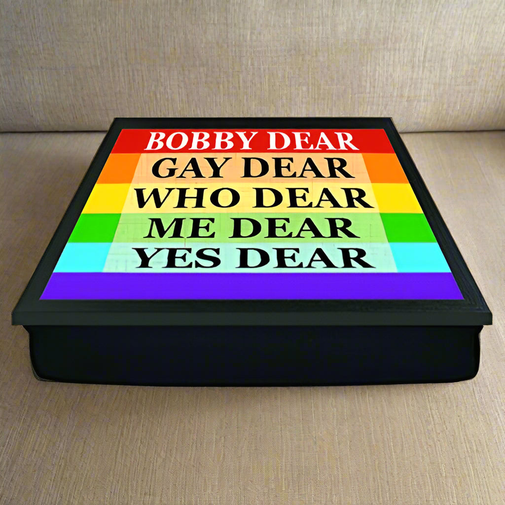 Colorful tray with text design on a beige background