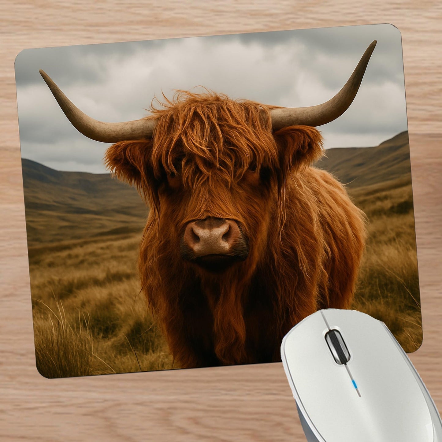 Mouse pad with a highland cow design on a wooden surface with a mouse.