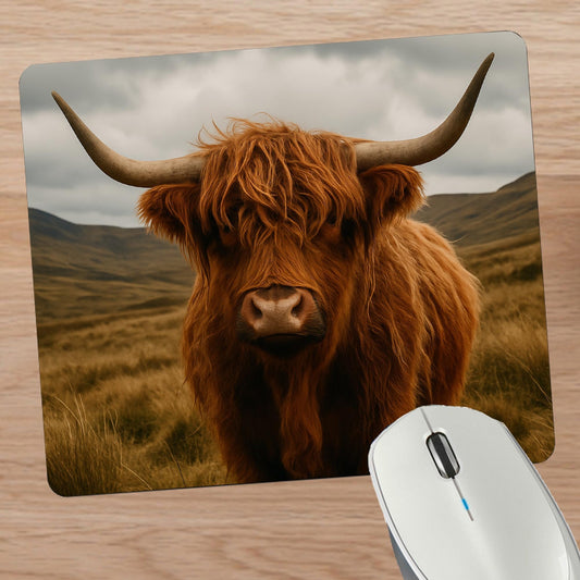 Mouse pad with a highland cow design on a wooden surface with a mouse.