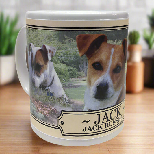 Mug with Jack Russell Terrier design and text on a white background