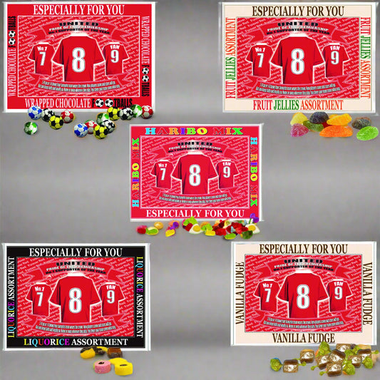 Set of red candy packages with soccer-themed designs and assorted candies.