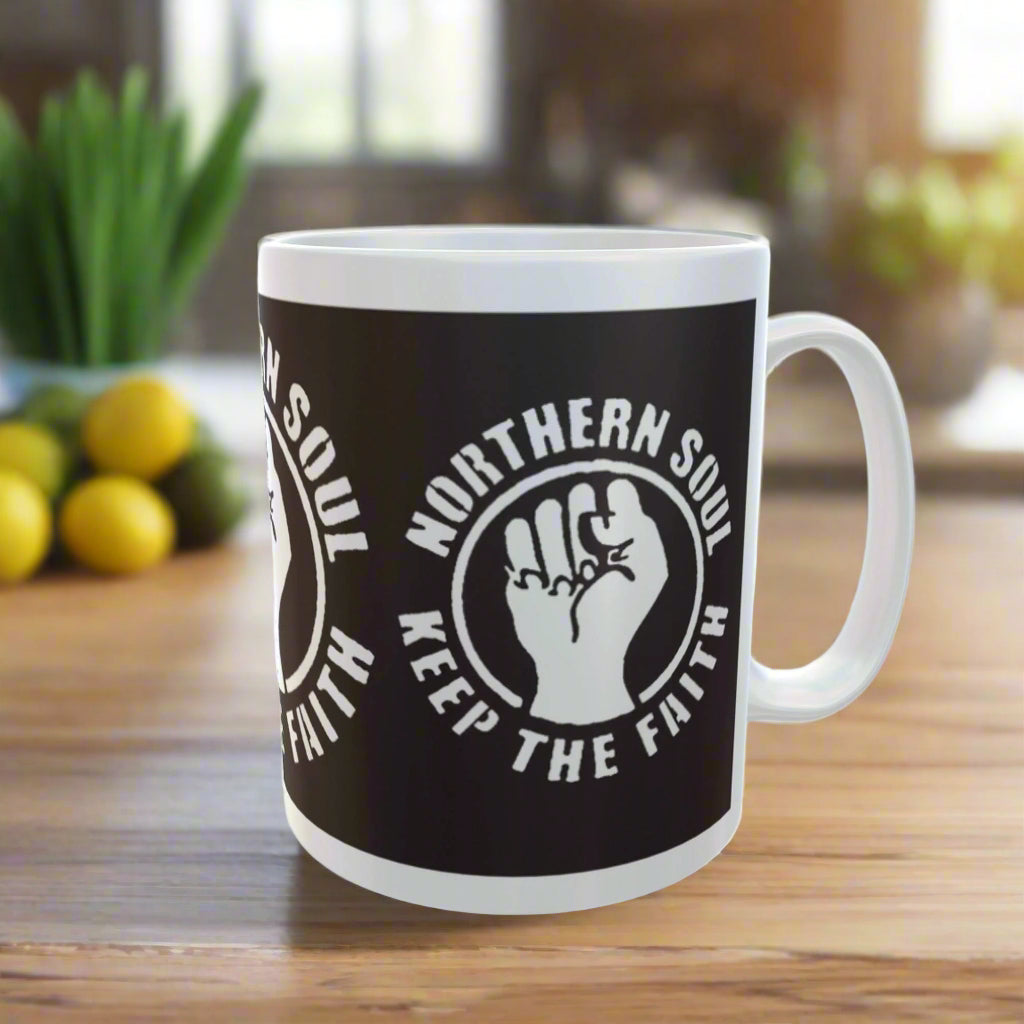 Mug with 'Northern Soul Keep the Faith' design on a white background