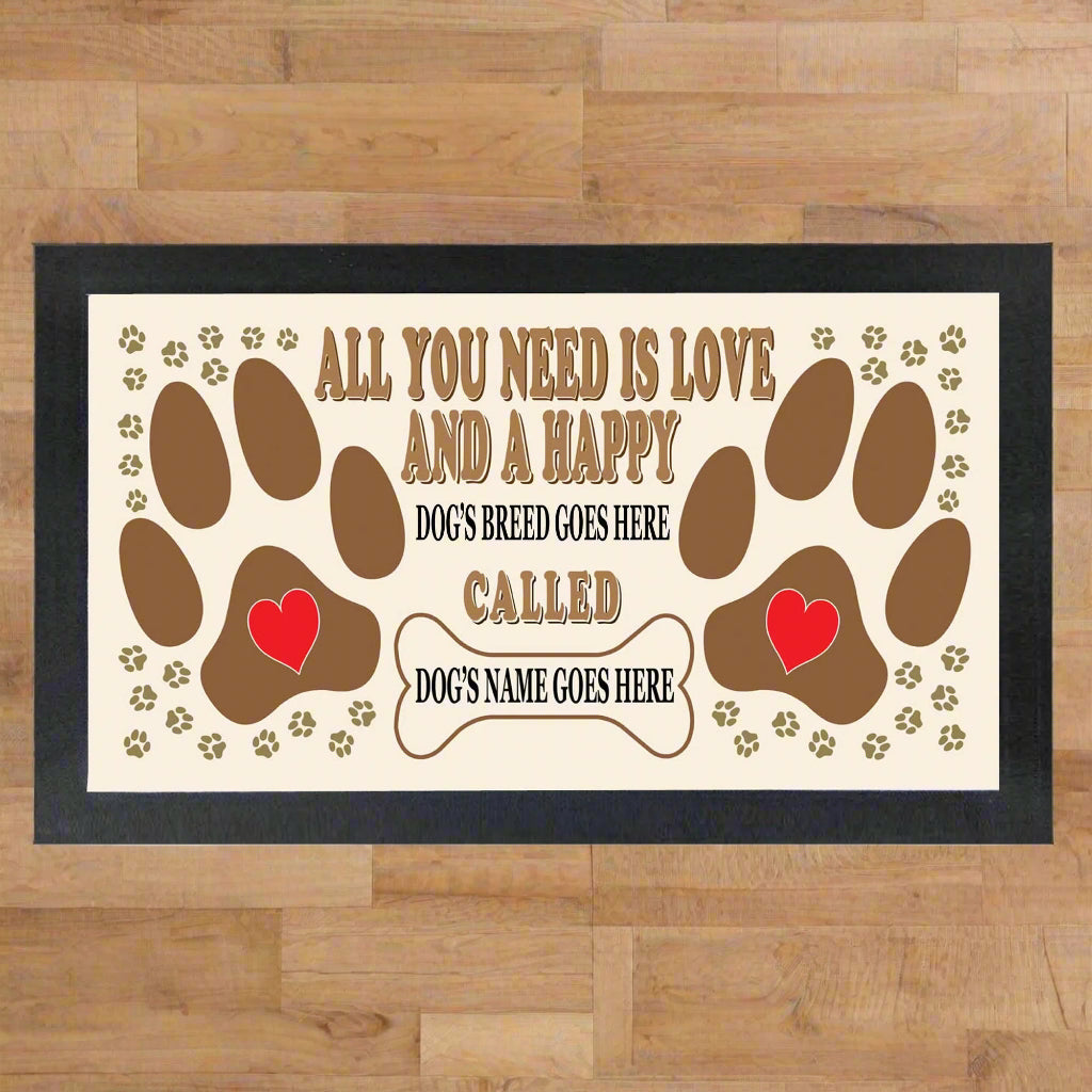 Personalizable dog-themed decorative sign with paw prints and text on a beige background.