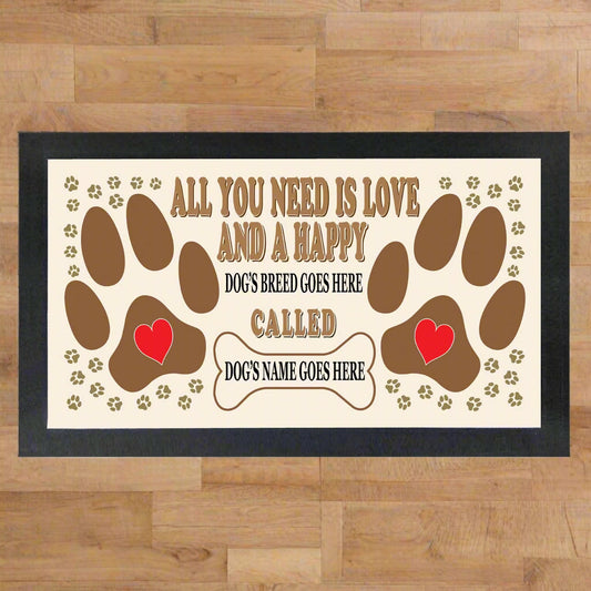 Personalizable dog-themed decorative sign with paw prints and text on a beige background.
