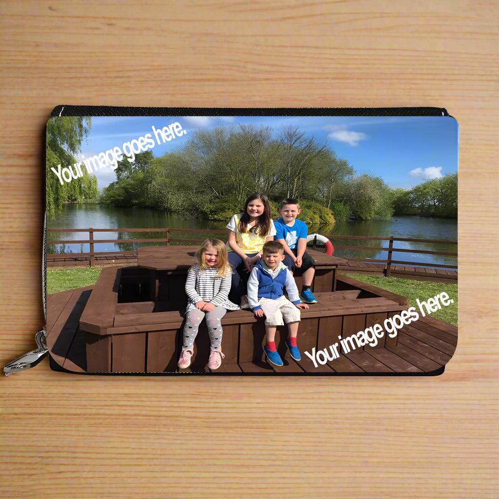Personalized pouch with photo of children on a wooden bench by a lake