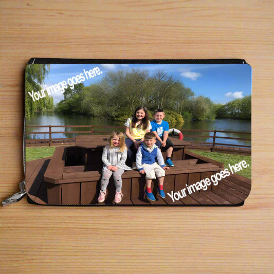 Personalized pouch with photo of children on a wooden bench by a lake