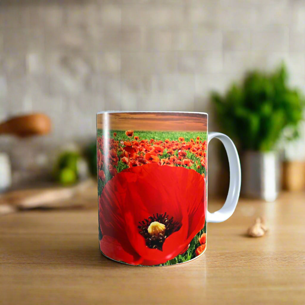 Mug with a design of red poppies on a white background