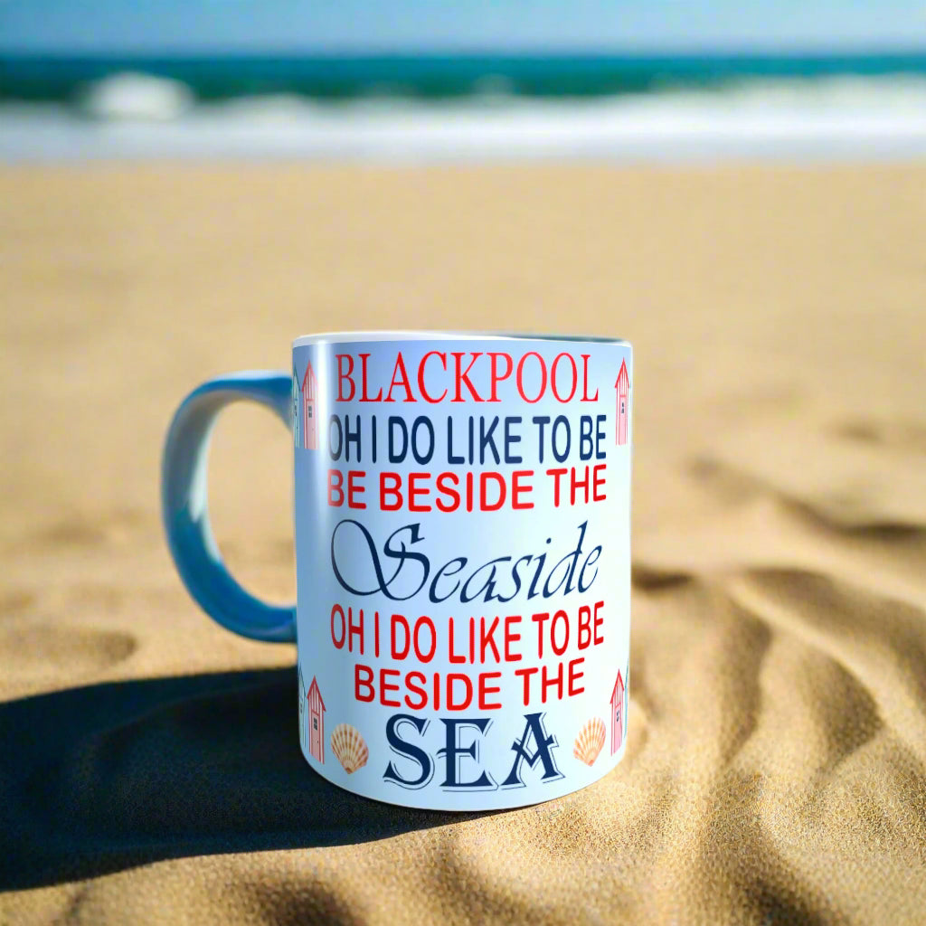 Mug with Blackpool seaside-themed design on a white background