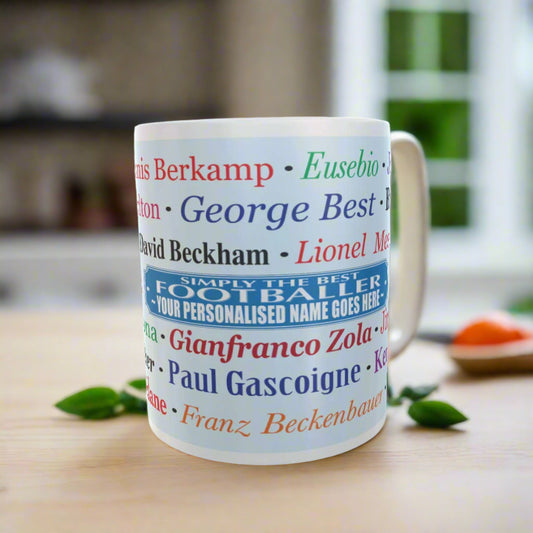 Mug with footballer names printed on a white background