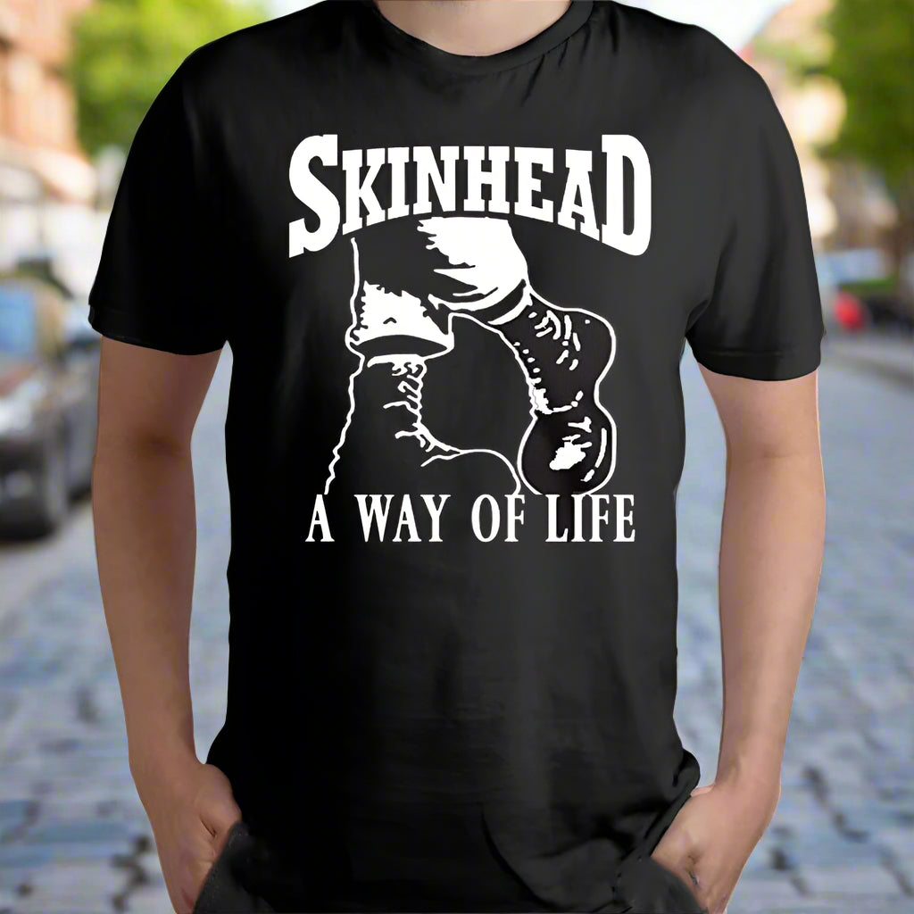 Black t-shirt with 'Skinhead A Way of Life' graphic design on a white background