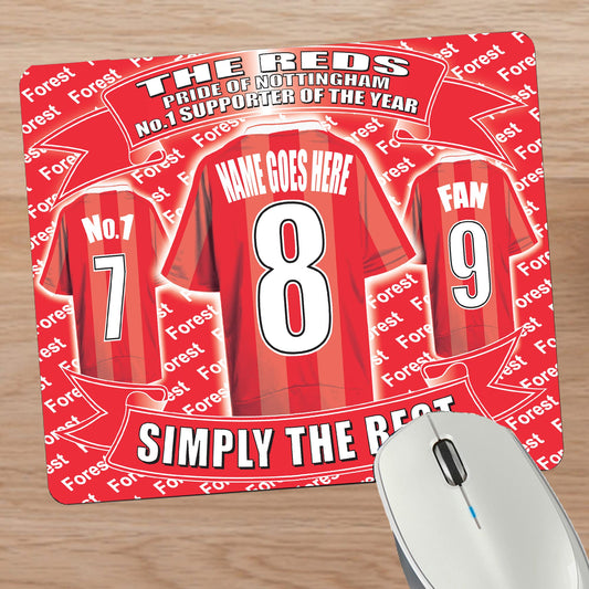 Personalized mouse pad with red sports jersey design on a wooden surface