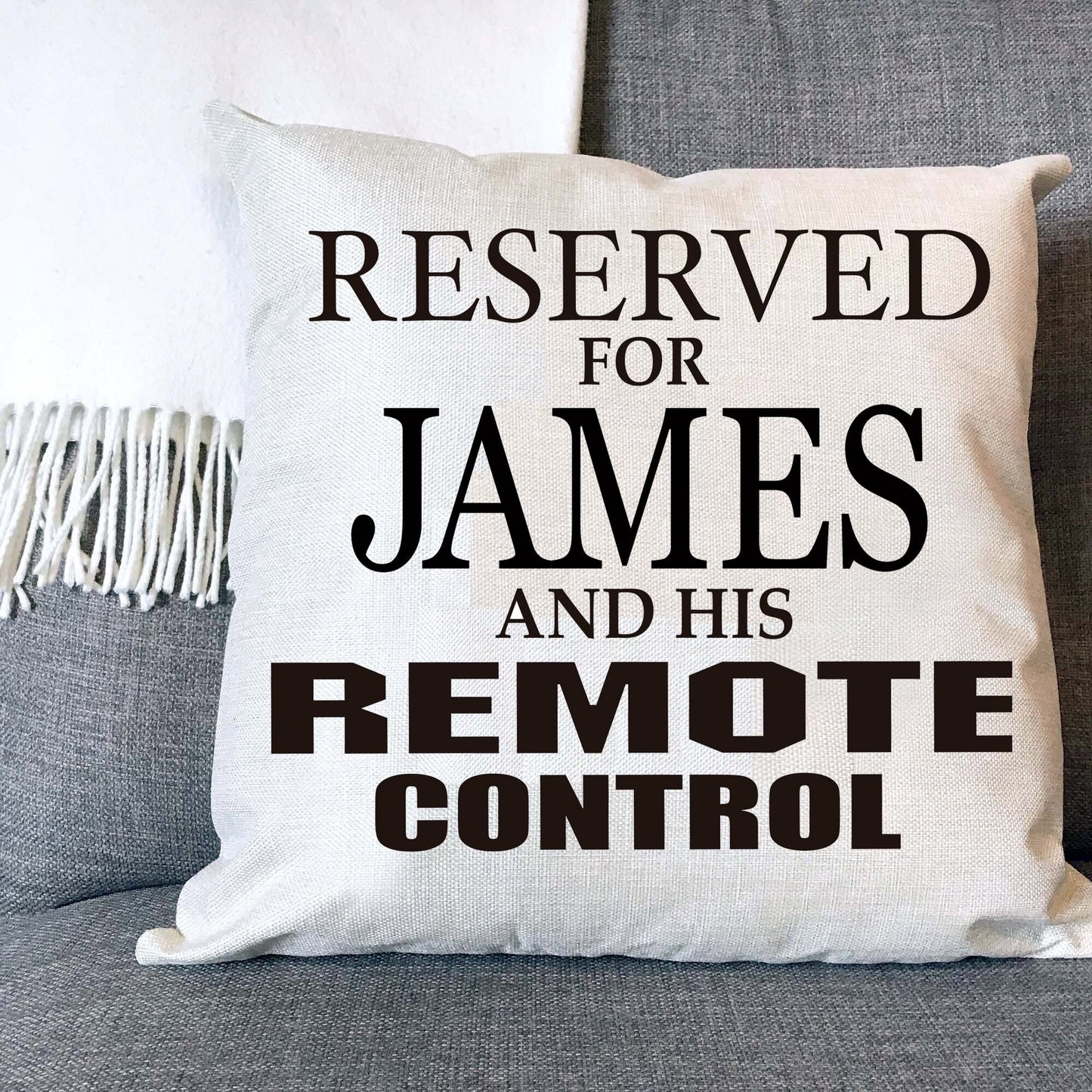 Reserved For Remote Control Personalised Naturally Woven Linen Style Cushion Cover Pillow Gift