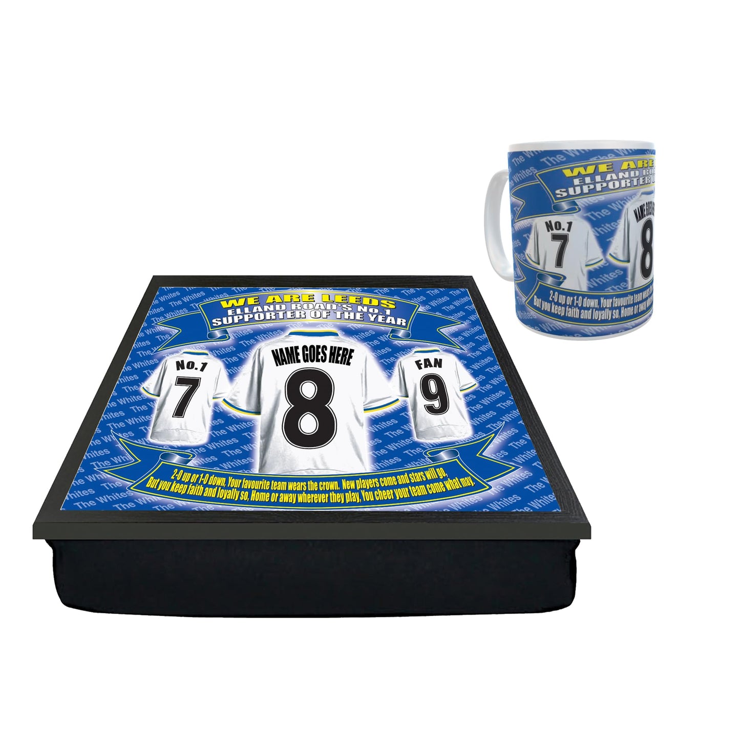 Personalized sports fan gift set with mug and tray featuring customizable jersey numbers.