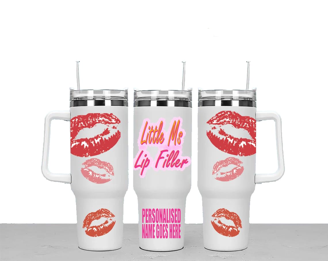 Little Ms Lip Filler Personalised Large Unisex 40oz Stainless Steel Travel Cup Tumbler Gift with Carry Handle, Lid and Straw