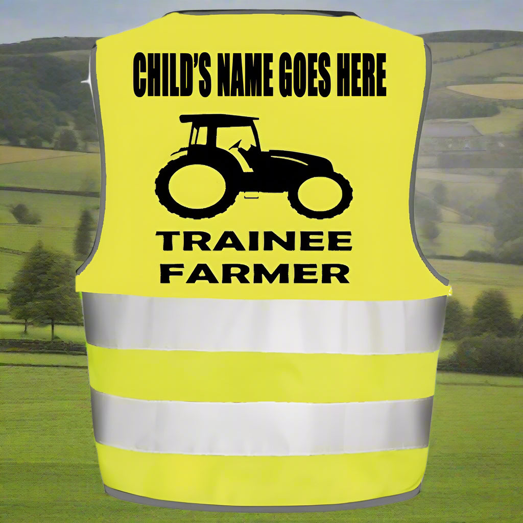Yellow safety vest with 'Trainee Farmer' text and tractor graphic on a white background