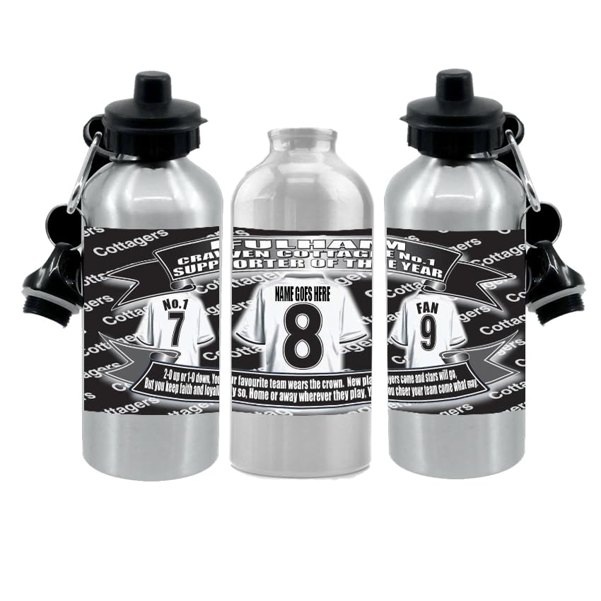 Fulham Personalised Football Shirt Silver Aluminium Two Lid Unisex Water Bottle Gift